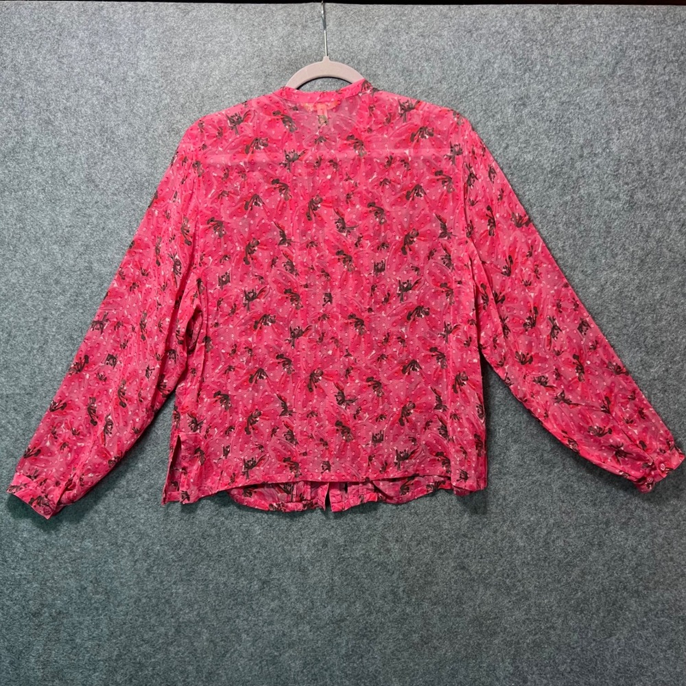Sigrid Olsen Pink Silk Floral Sheer Ruffle Front Button Down Shirt Blouse Size L - Picture 5 of 7